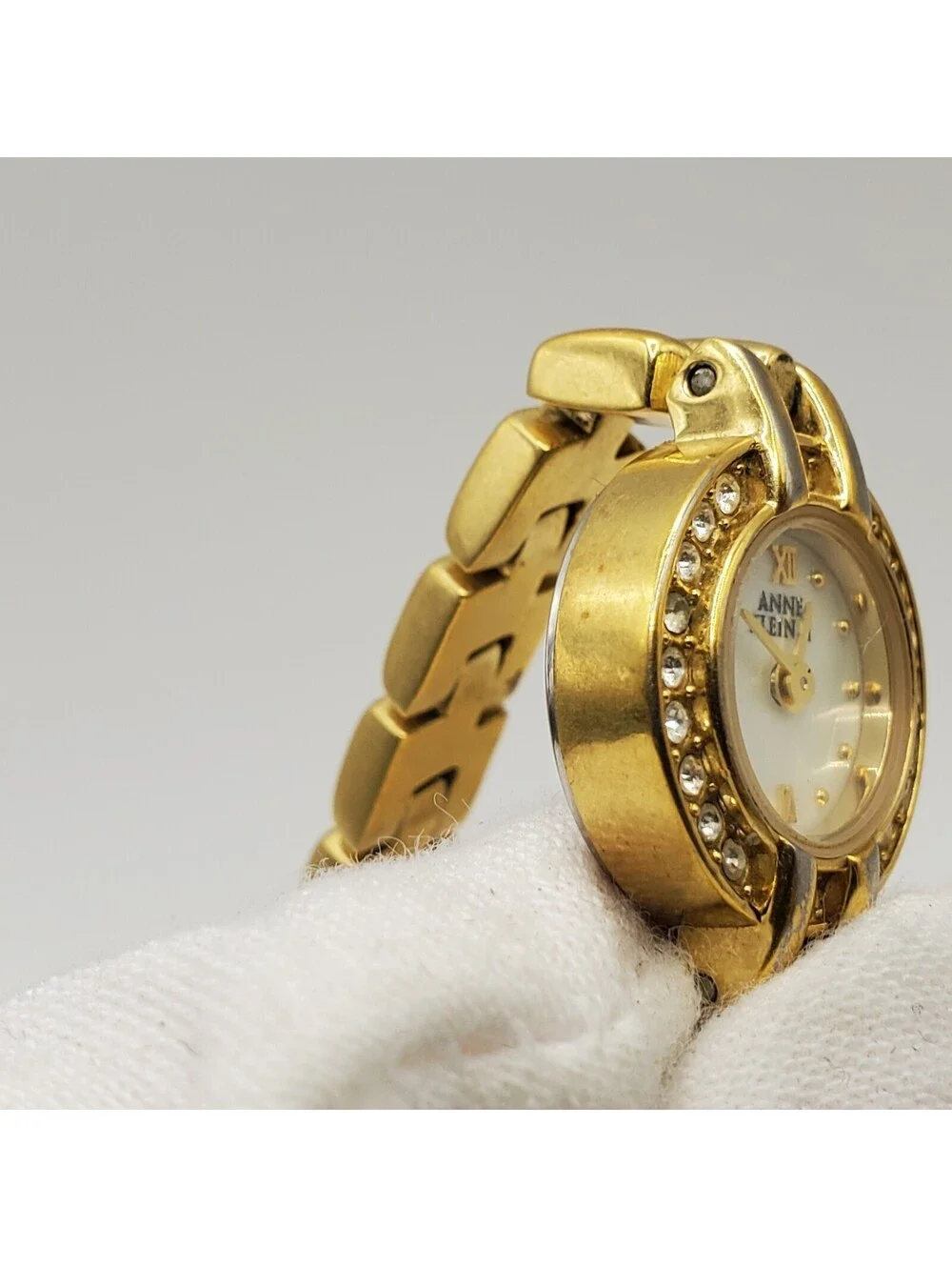 Anne Klein Rhinestone Small 16mm MOP Dial Womens Watch Gold Tone New Battery